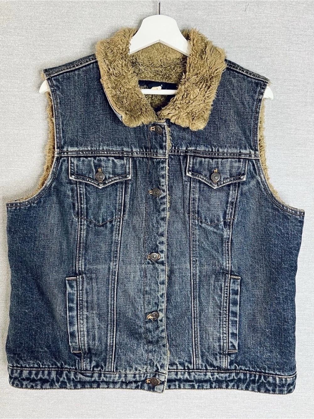 Vintage GAP Faux Sherpa-Lined Denim Vest - Blue with Tan Collar